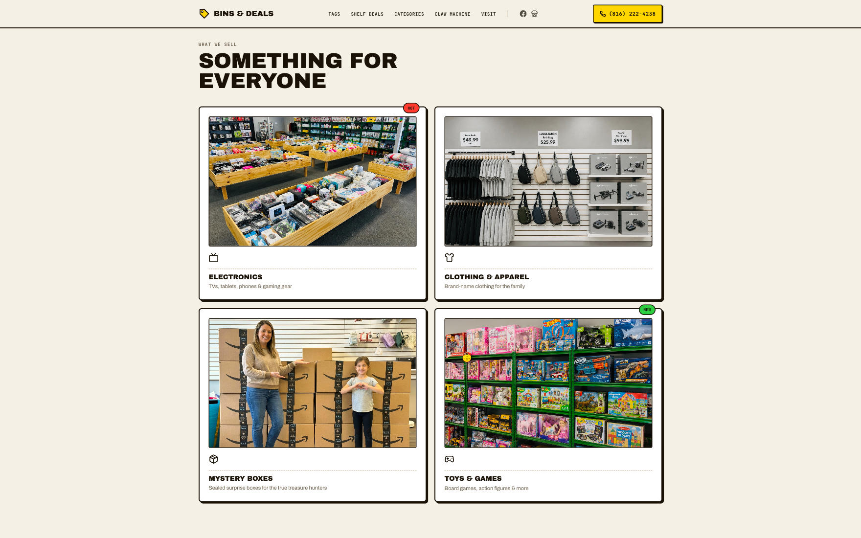 Product category cards for Electronics, Clothing and Apparel, Mystery Boxes, and Toys and Games, each with a real in-store photo