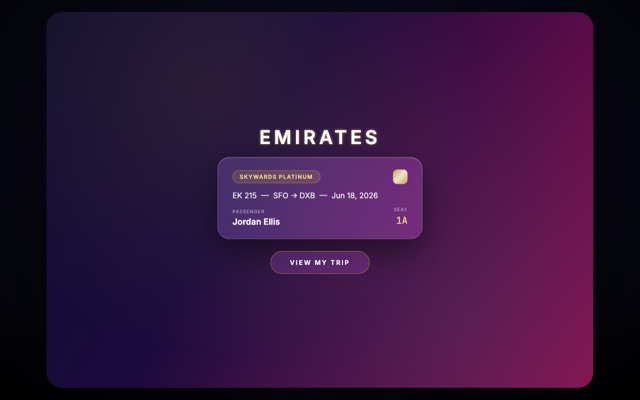 Emirates Vision Pro, glassmorphic boarding pass card