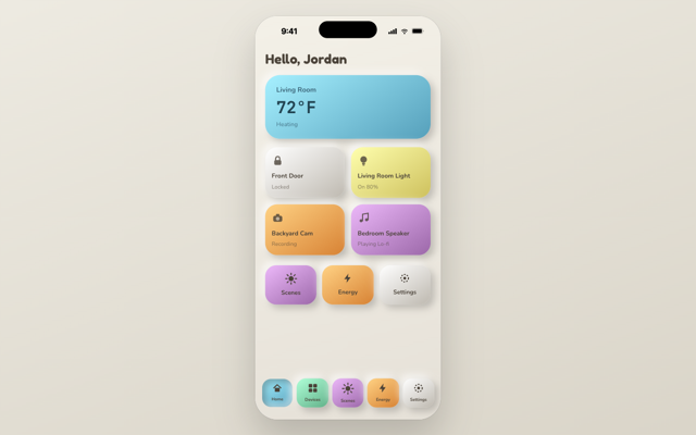 Nest Clay, claymorphic smart home app on an iOS device frame