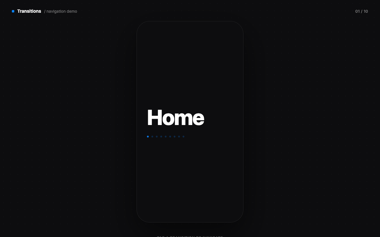 Page Transition System, ten navigation transition demos on a phone frame