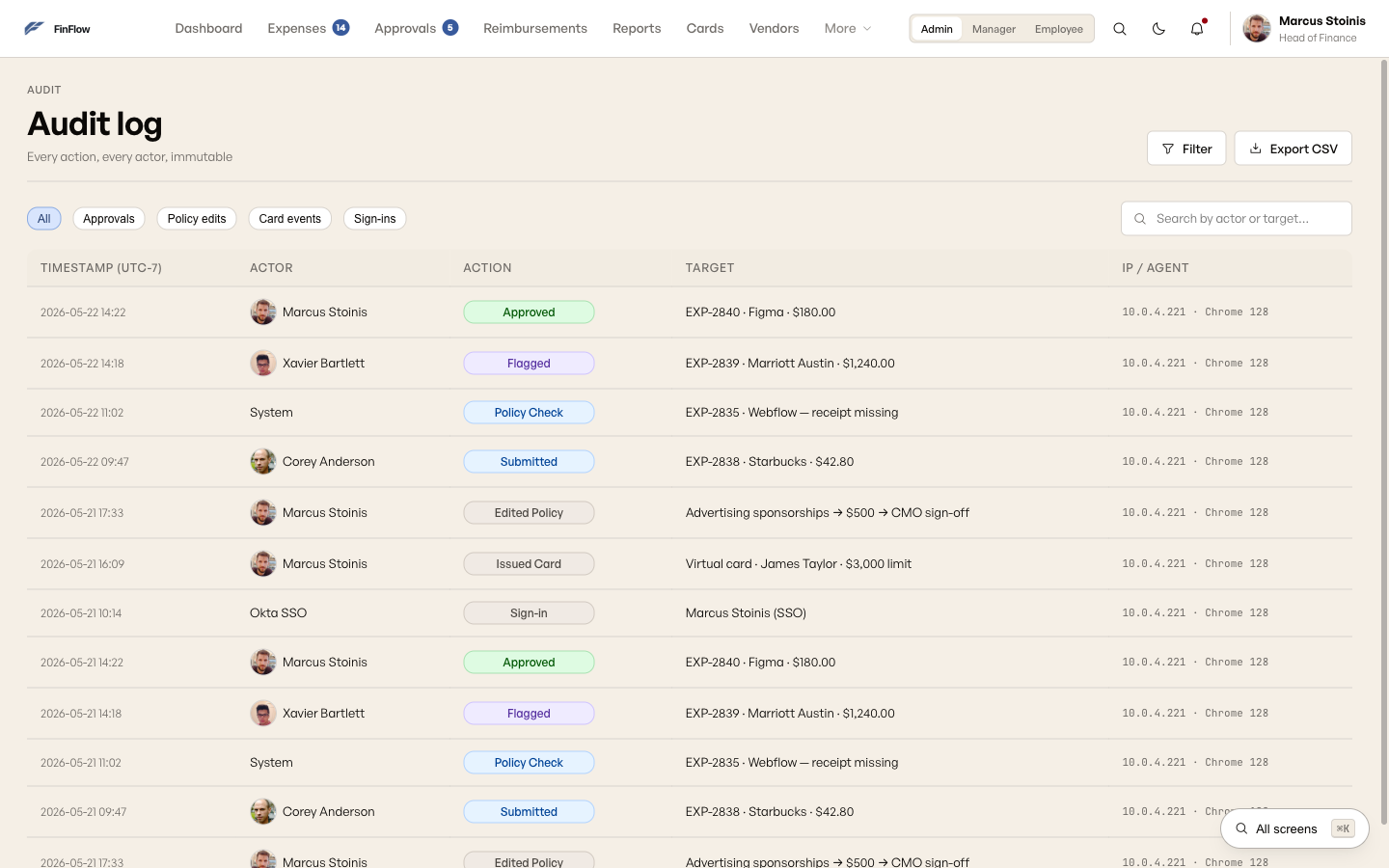 Immutable audit log with action, actor, timestamp, and export control