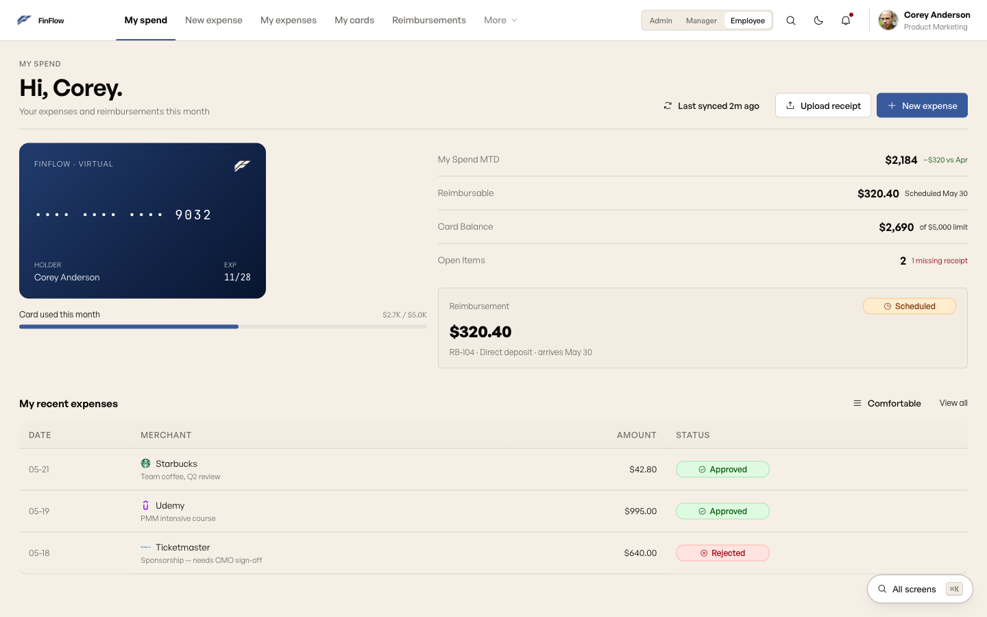 Employee expense submission flow with virtual card and status tracking