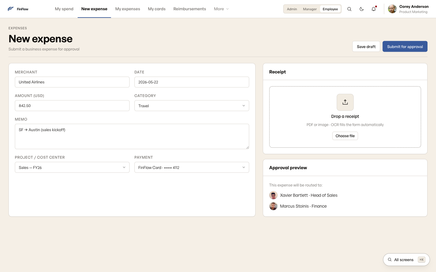 Final new expense form with top nav, receipt dropzone, and approval preview