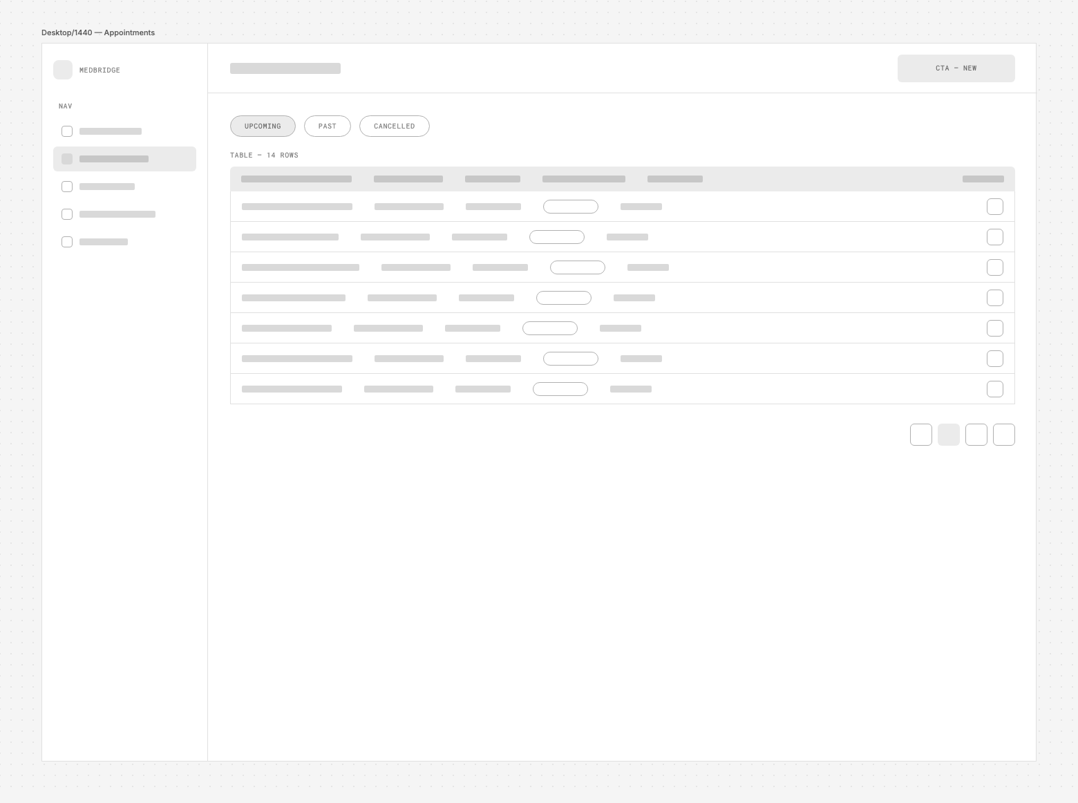 Lo-fi appointments wireframe with tab filters and a dense appointments table