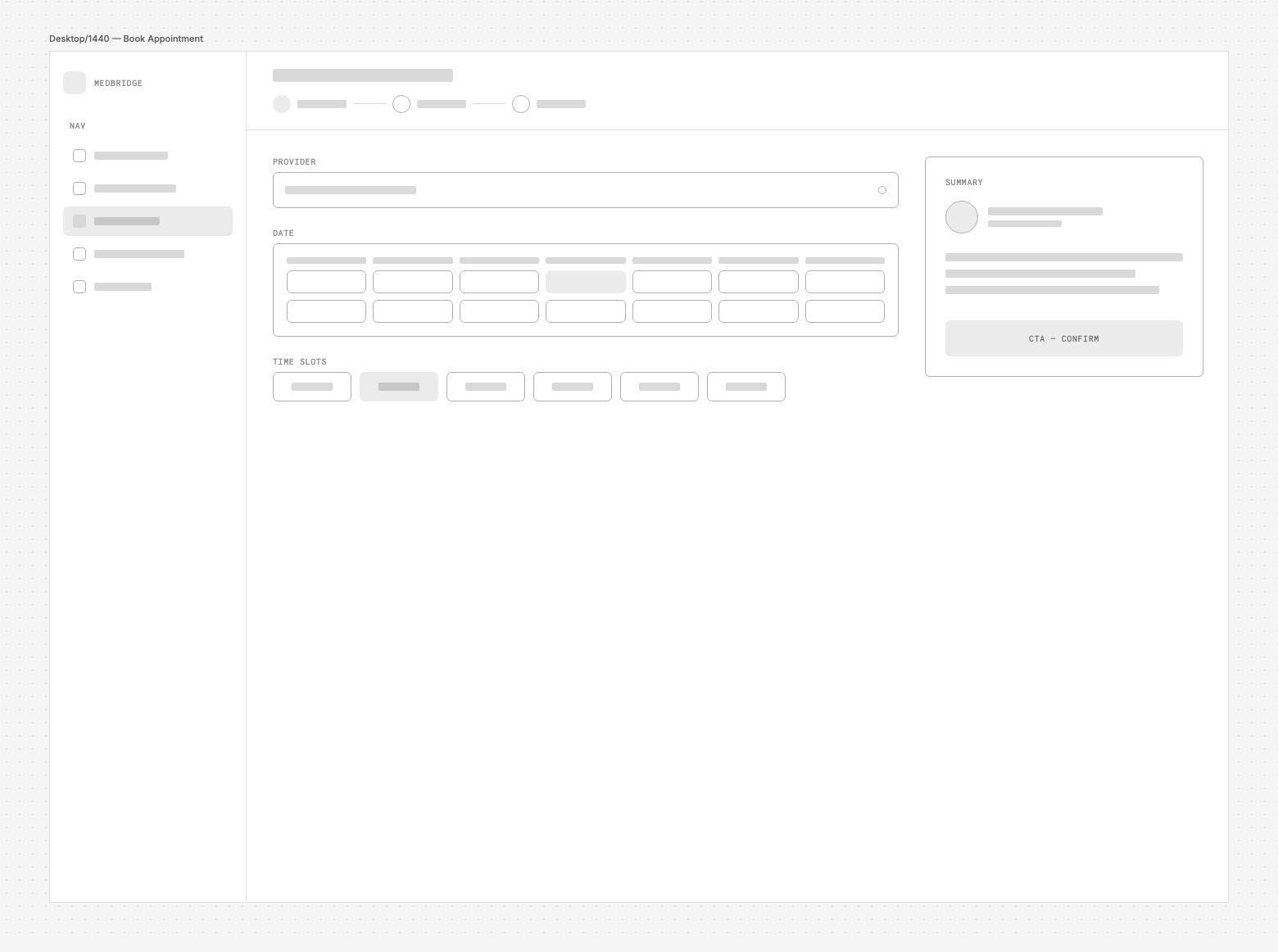 Lo-fi book appointment wireframe with provider, date, and time-slot steps and a persistent summary panel