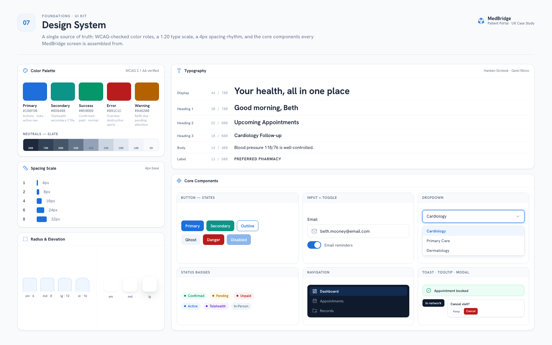 MedBridge design system foundations, color palette, typography, spacing scale, and core components