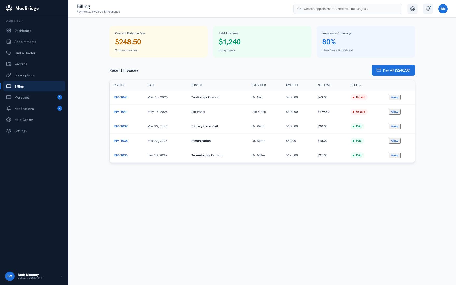 Billing overview with invoices, insurance coverage, and payment history