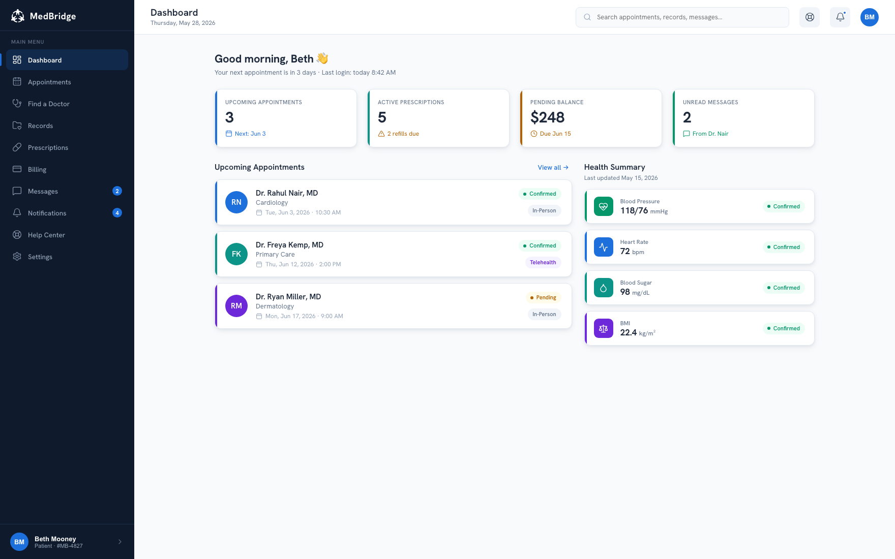 Final high-fidelity patient dashboard screen