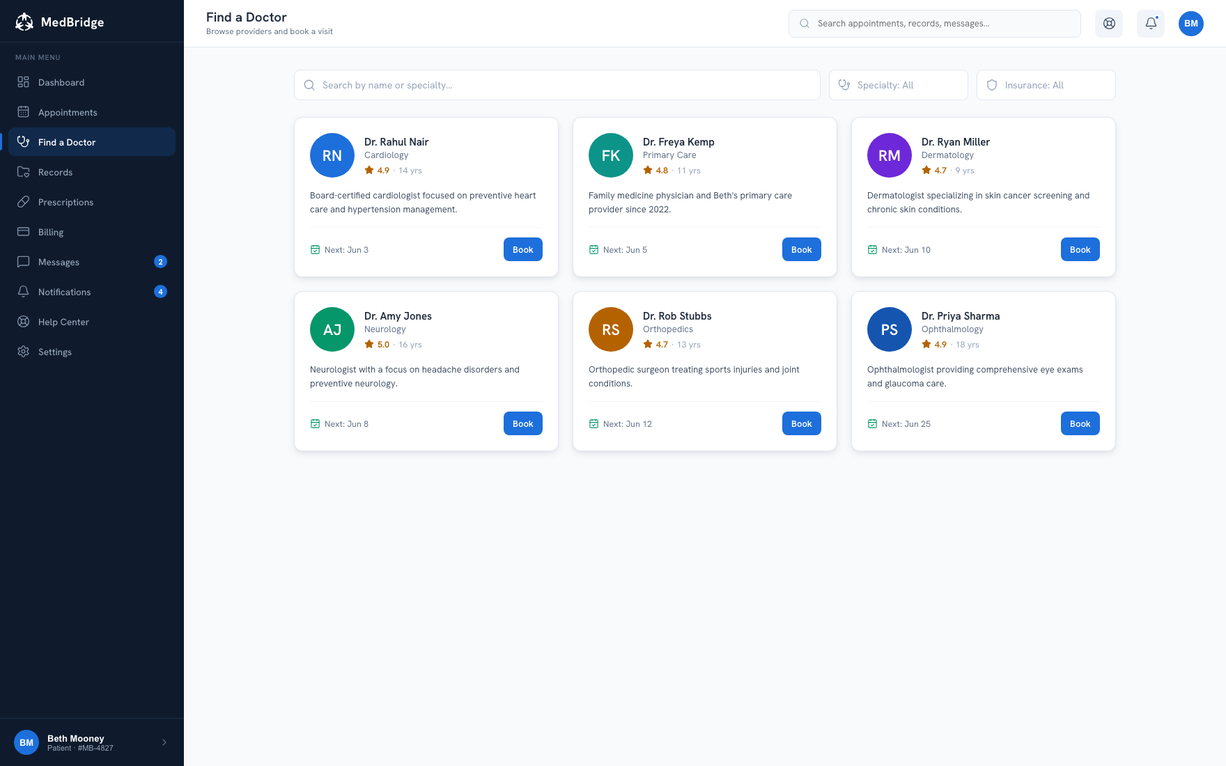 MedBridge find-a-doctor screen annotated with two research-driven design decisions