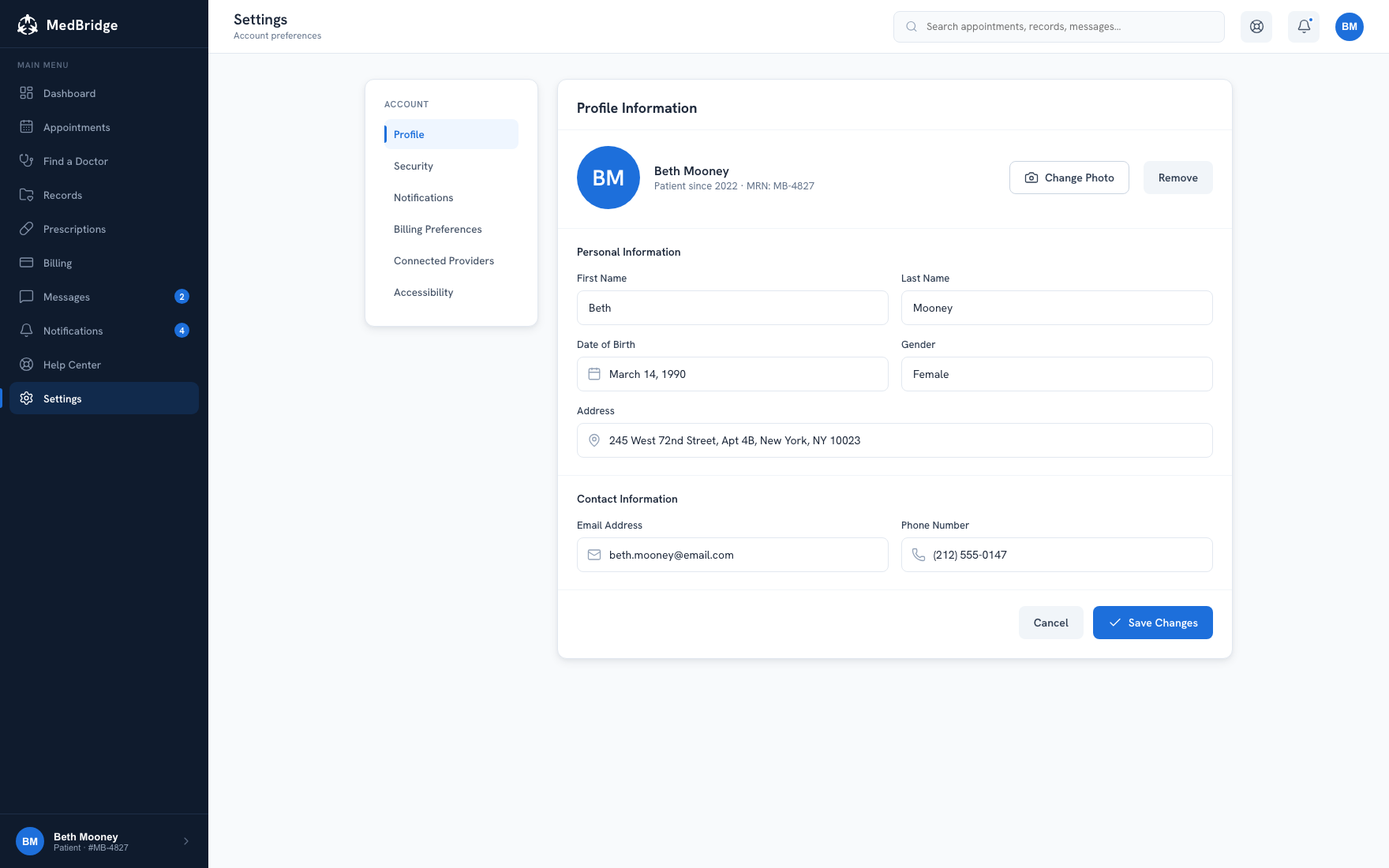 Patient profile and notification preferences