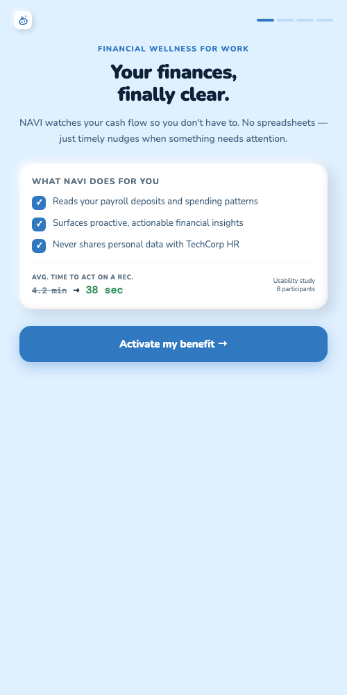 Mobile onboarding, claymorphism, sky-blue background, benefit checklist card