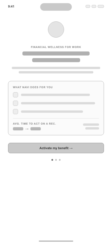 Lo-fi mobile onboarding wireframe with single-column value-prop checklist card