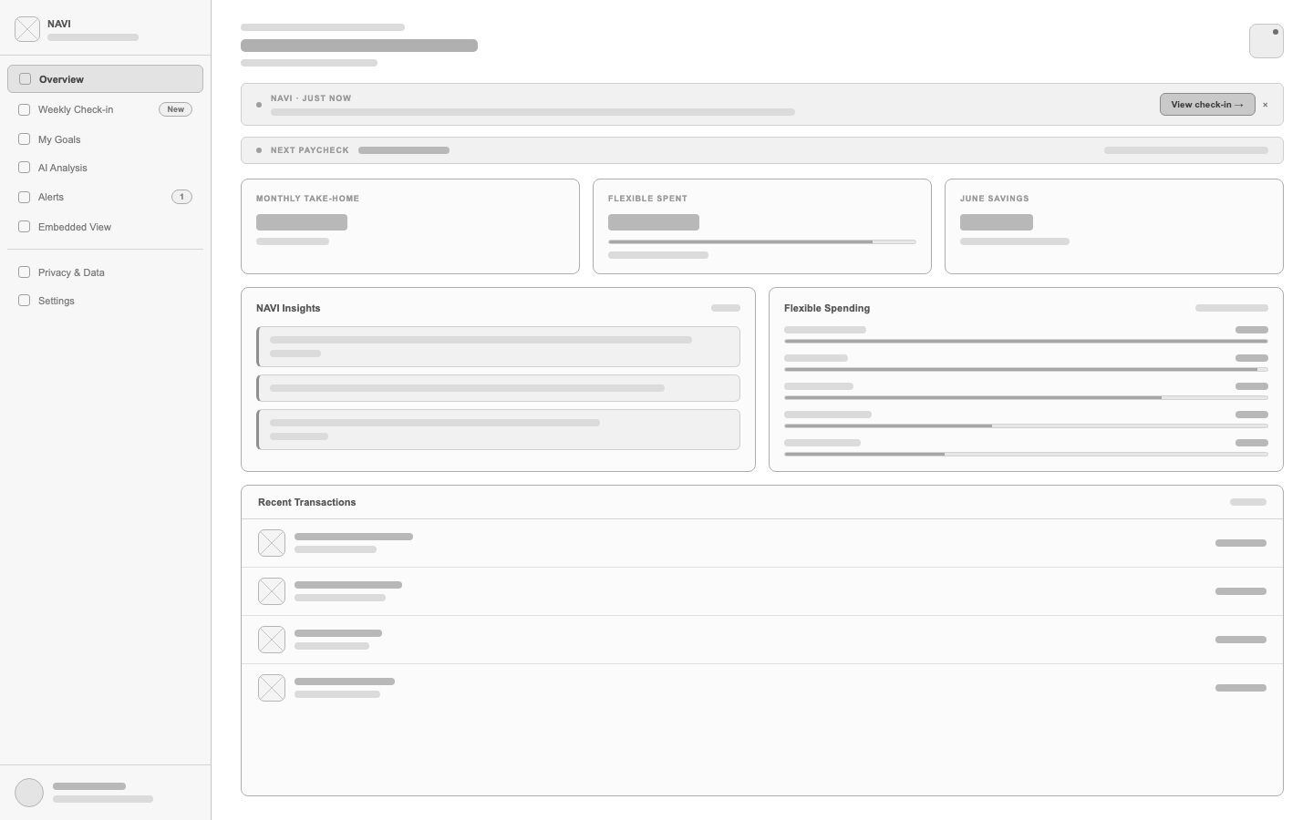 Lo-fi dashboard wireframe with paycheck summary and NAVI insights