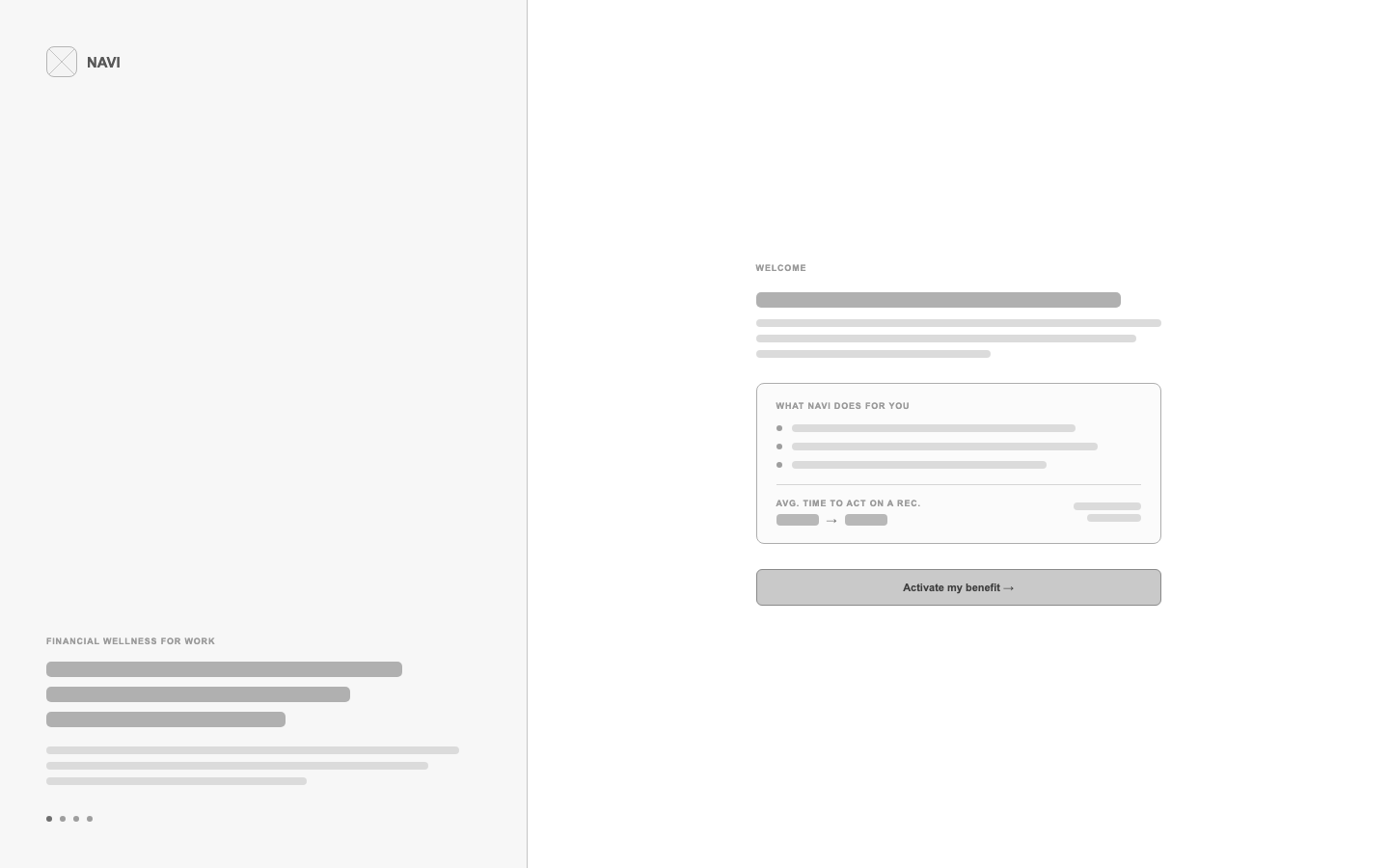 Lo-fi onboarding wireframe with split-screen brand panel and value-prop checklist card