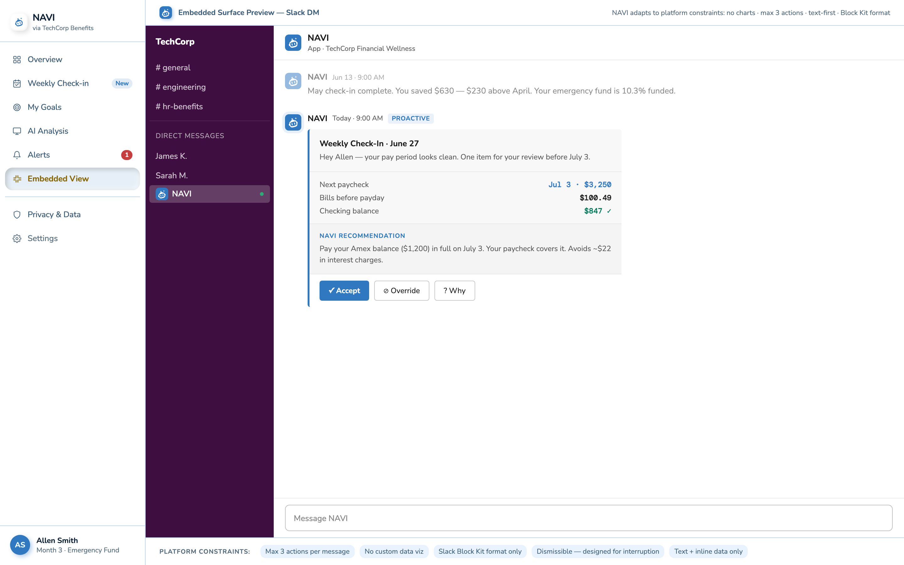 NAVI embedded Slack view, Block Kit simulation with platform constraint annotations