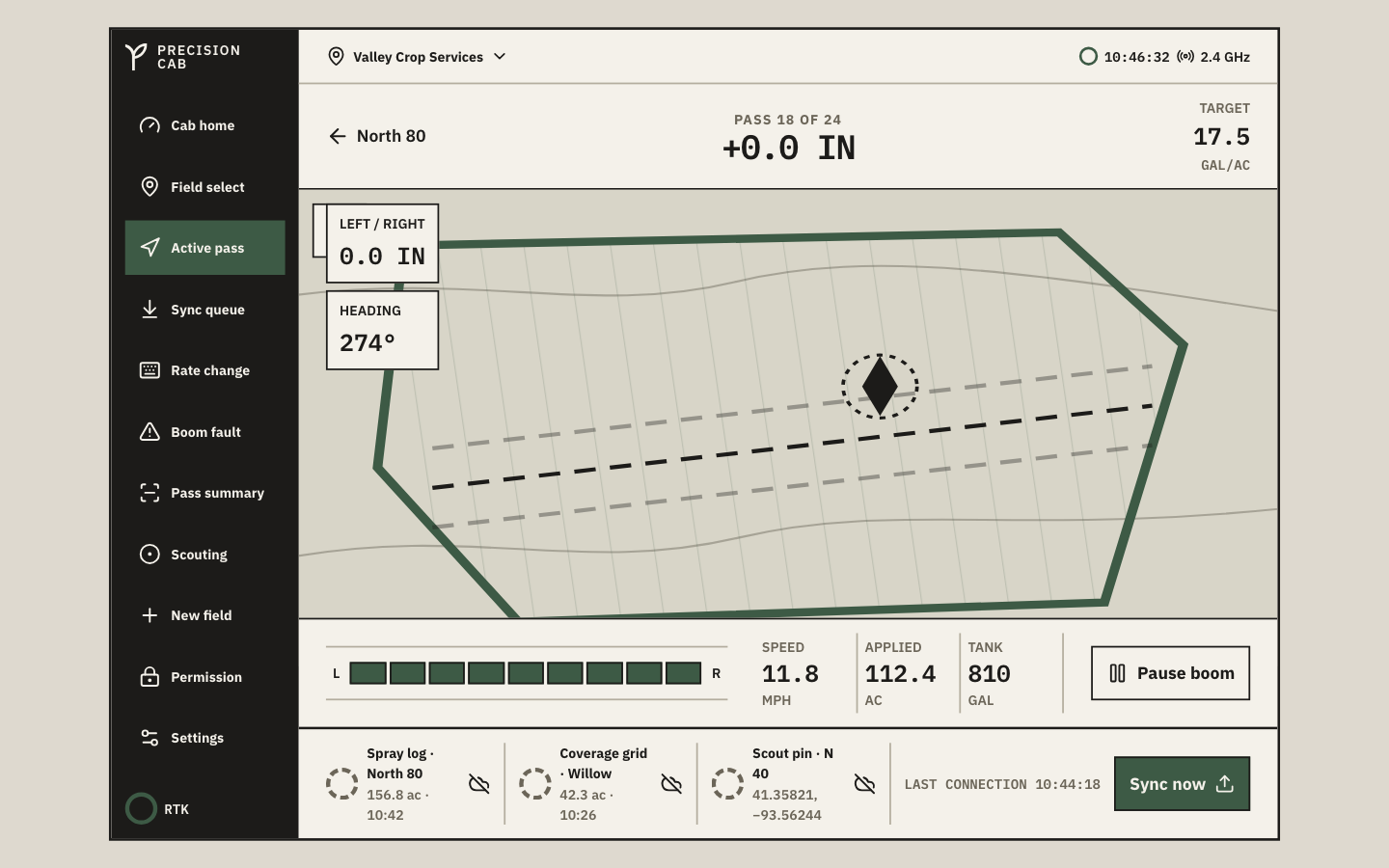 Active pass with guidance overlay, boom diagram, and pass metrics