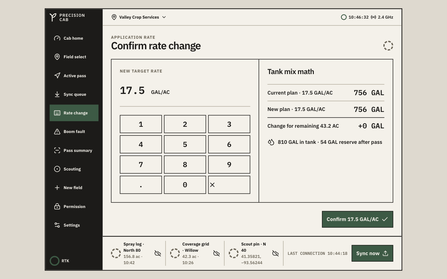 Rate change keypad with live tank-mix math