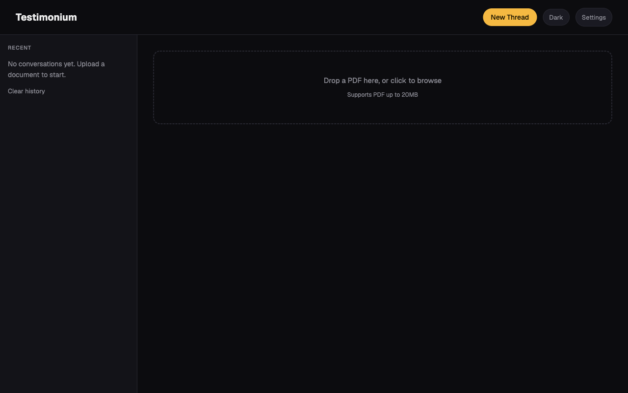 Testimonium's original pre-redesign interface, a plain dashed upload dropzone with text-only buttons