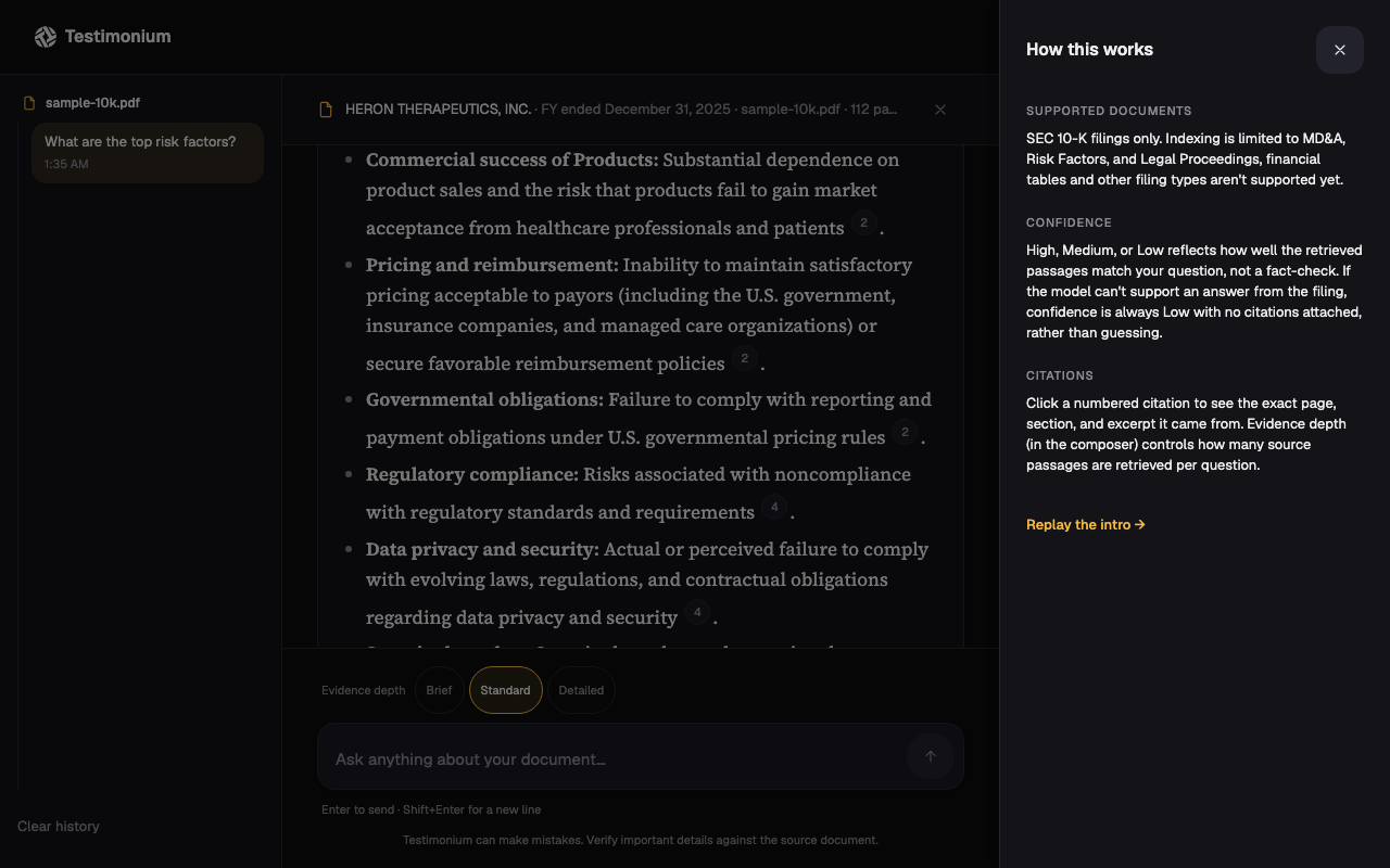 Testimonium's How this works modal, a focus-trapped panel explaining supported documents, confidence, and citations
