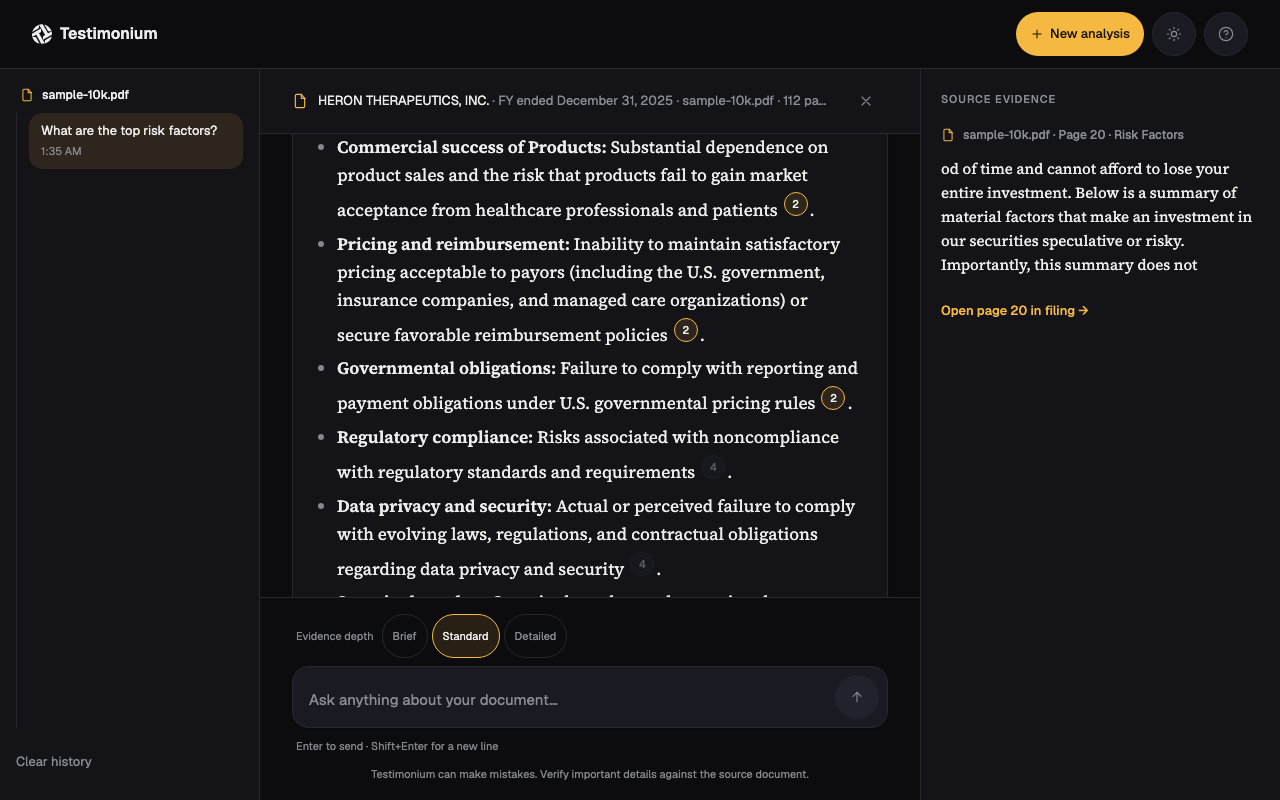 The persistent evidence panel on desktop, populated with a real citation and a link into the uploaded PDF